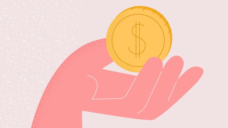 Illustrated hand holding a gold coin with a dollar sign